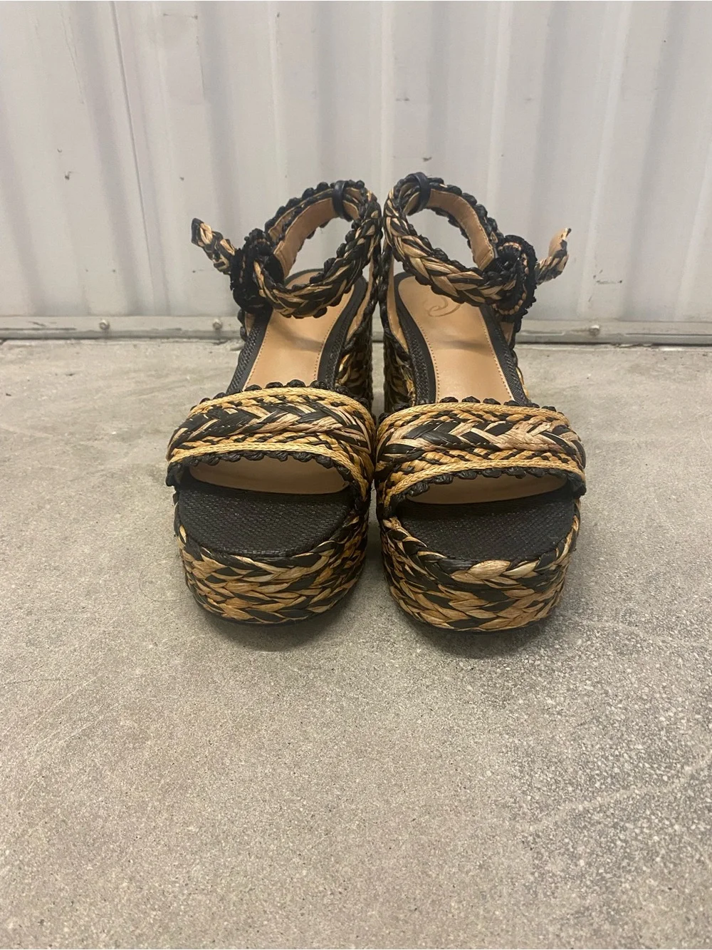 Sam Edelman Woven Platform Block Heel Sandals - Black and Natural, Size 9